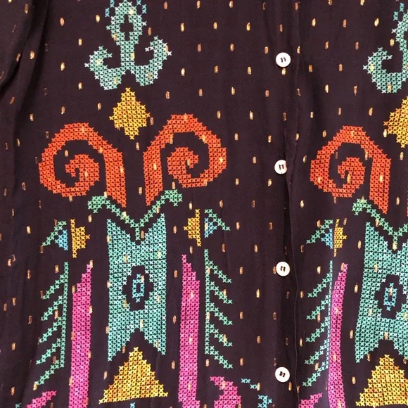 Zara Actez Tribal Geometric Metallic Long Sleeves Colorful Navy Shirtdress M - Picture 7 of 15